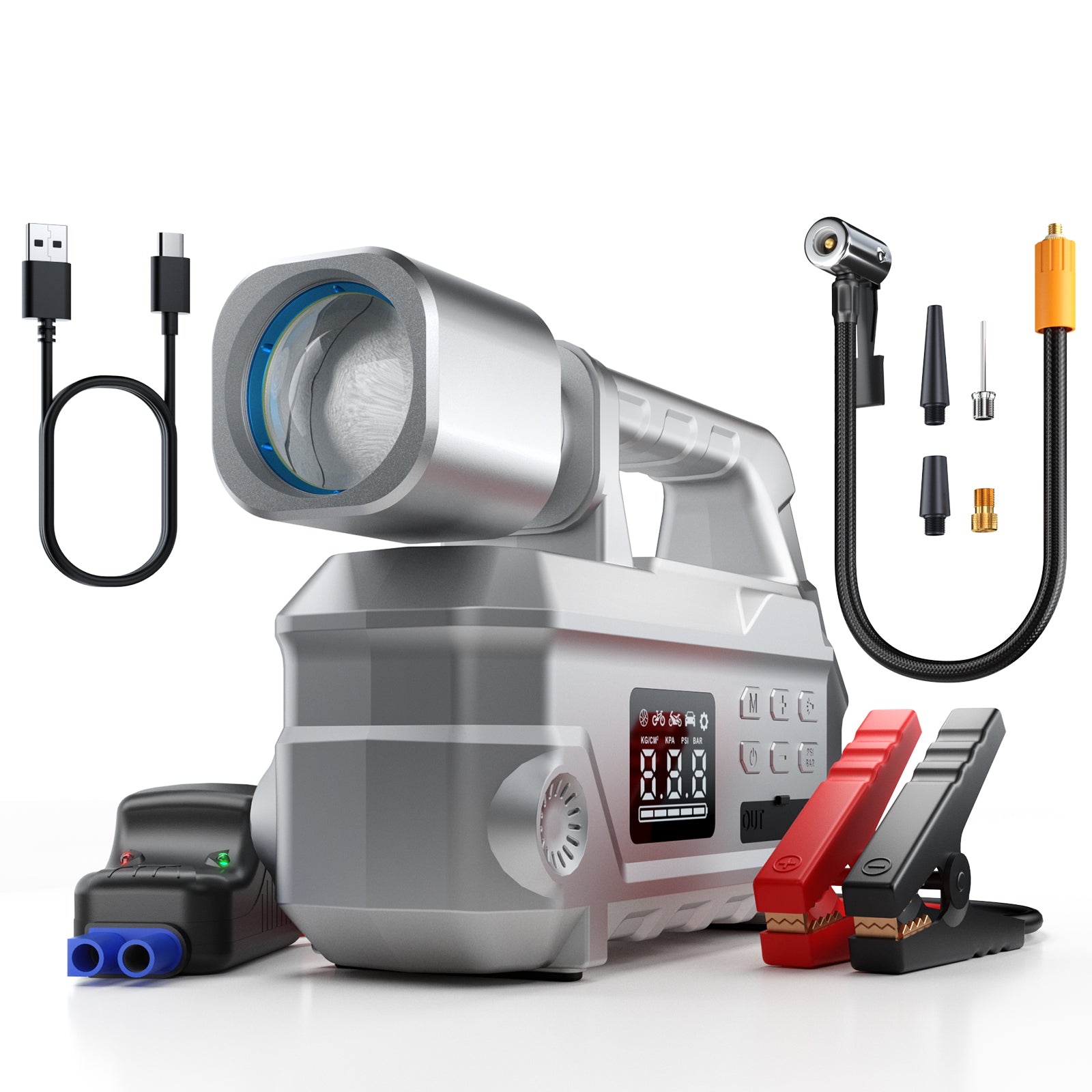 20000mAh 4-in-1 Car Battery Jump Starter with Super Bright Flashlight Air Compressor USB Power Bank