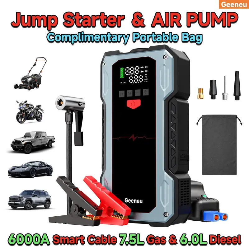 6000A Car Jump Starter with 150PSI Tire Inflator, geeneu