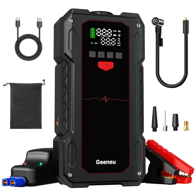 6000A Portable Car Jump Starter with Air Compressor (ALL Gas/10.0L Diesel) geeneu