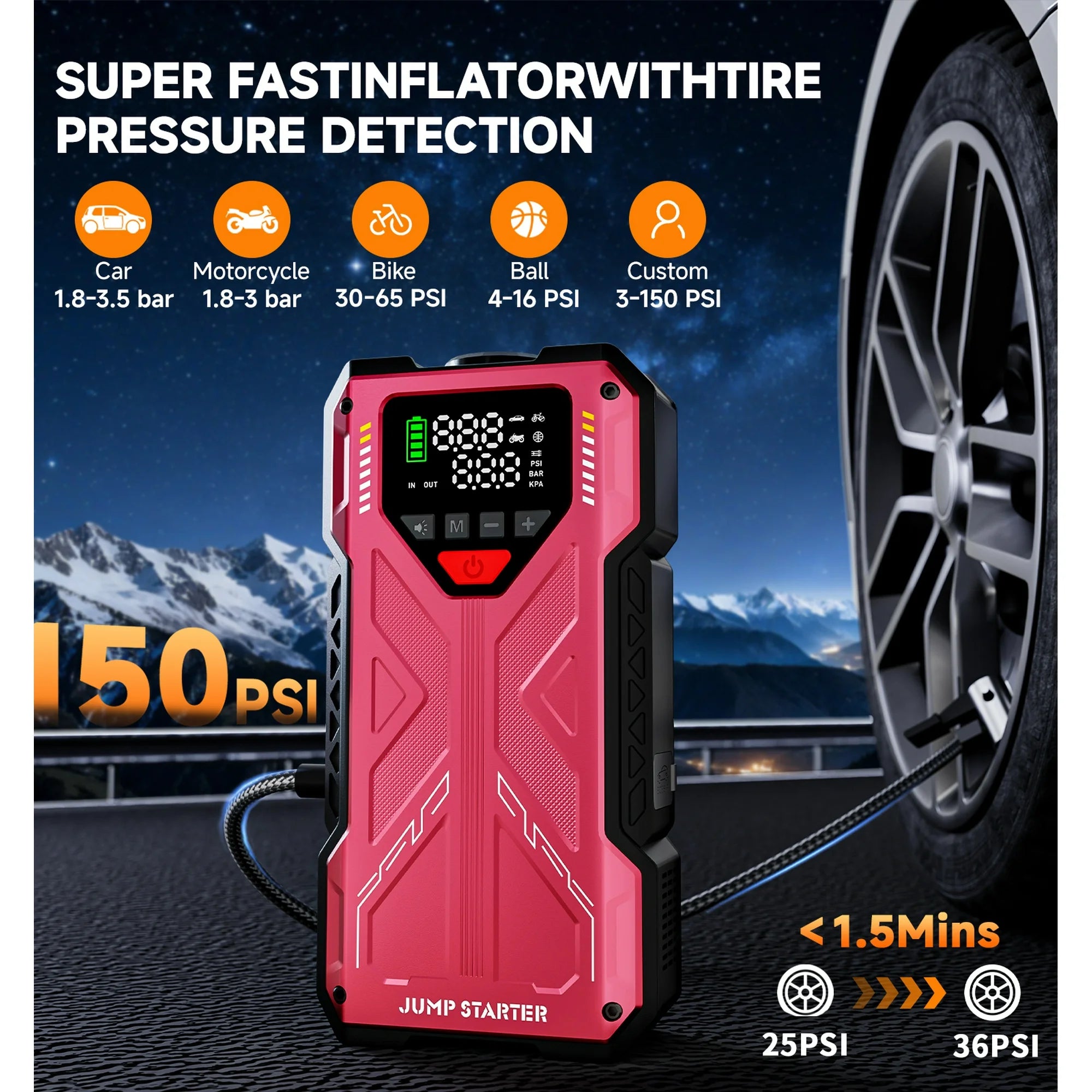 Pabulum Jump Starter with Compressor, 6000A Jump Box Car Battery Charger, Portable Jumper Starter Power Pack (8.0L Gas/6.5L Diesel),Rodeside Emergency Kit for Vehicle/Motorcycle Combo Tire Inflator