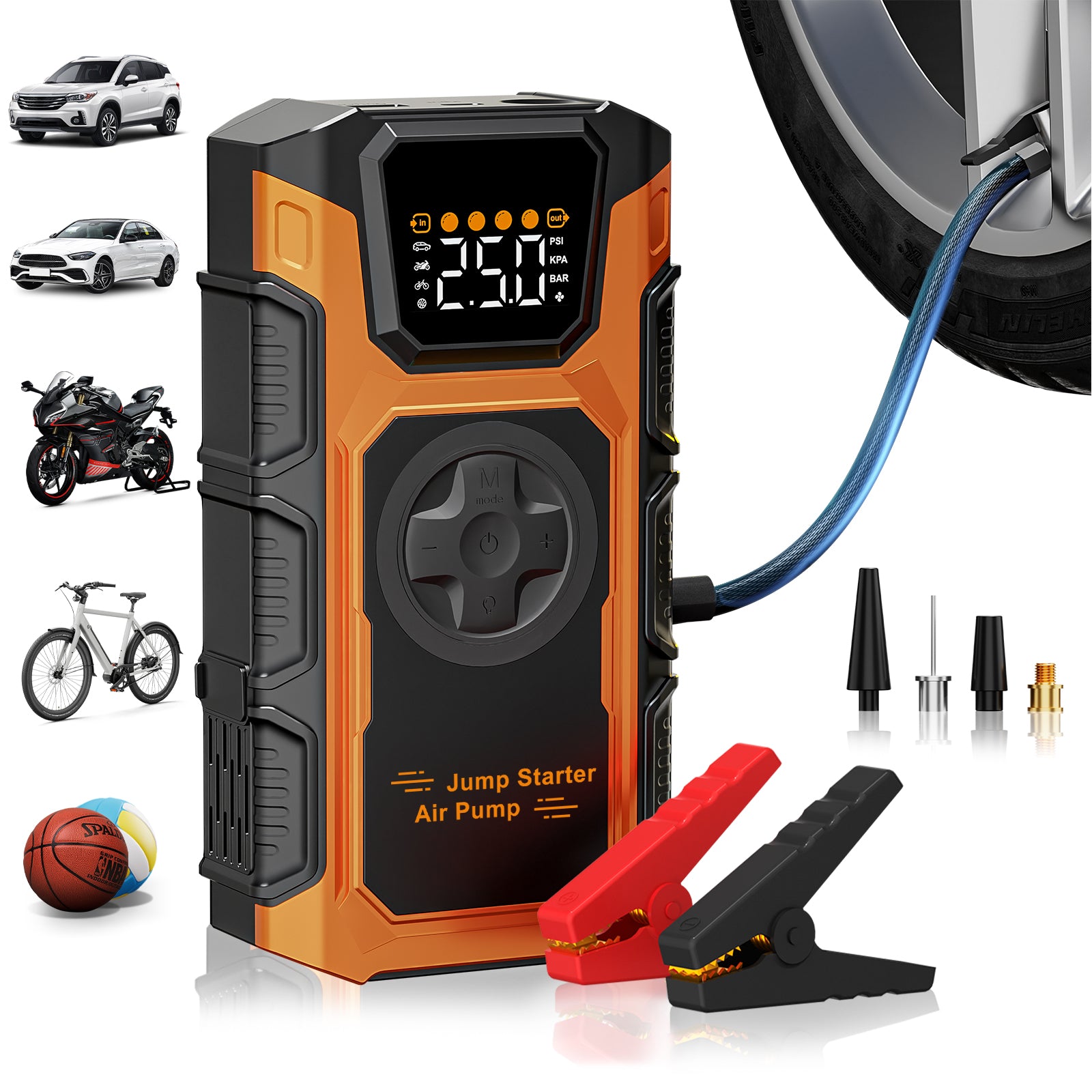 Jump Starter Power Pack met luchtcompressor, YaberAuto 6000A draagbare auto-accubooster (alle benzine/10L diesel), 12V auto jumpstarter powerbank met springkabels, LCD-scherm, noodverlichting