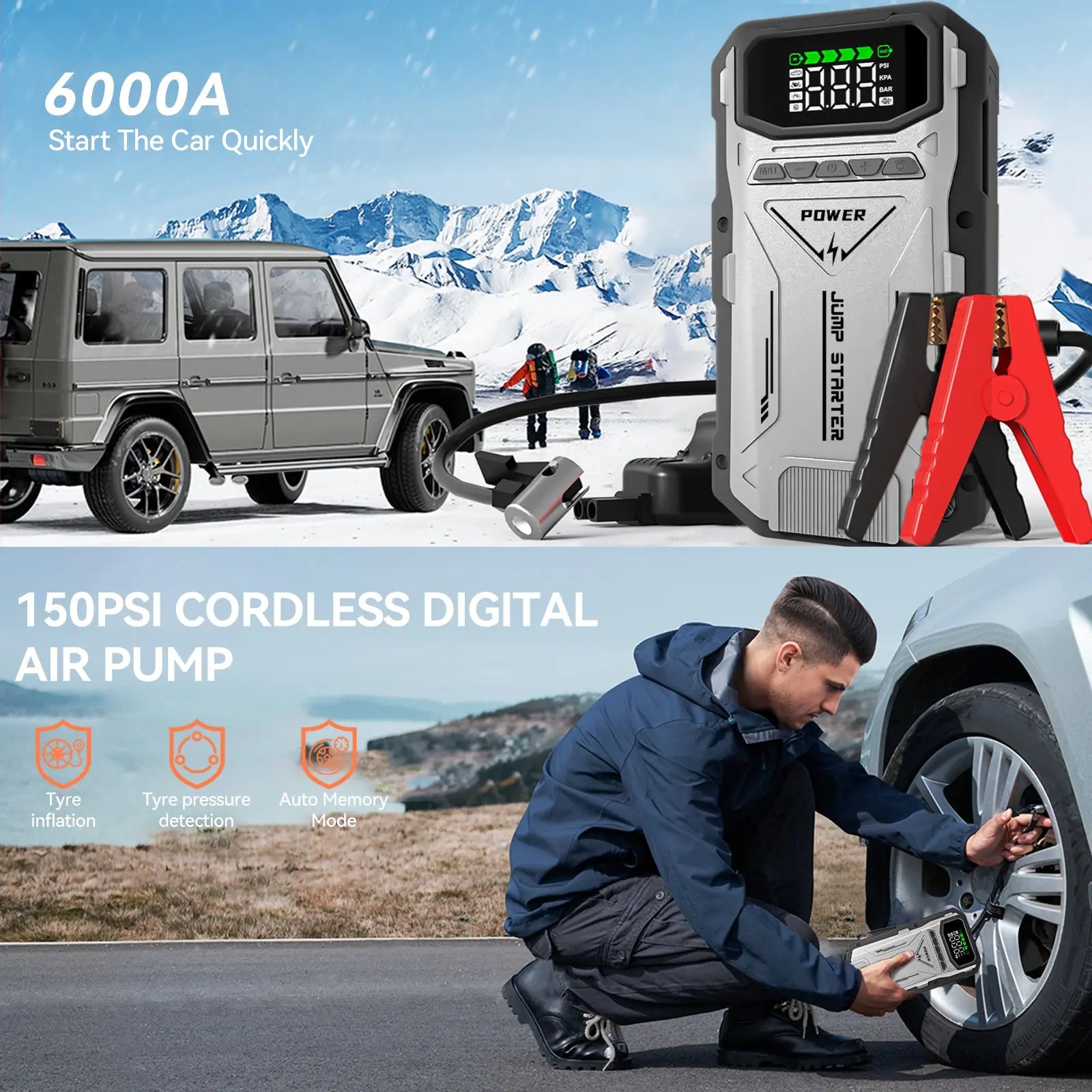 6000A Jump Box Car Battery Charger, Portable Jumper Starter Power Pack - geeneu