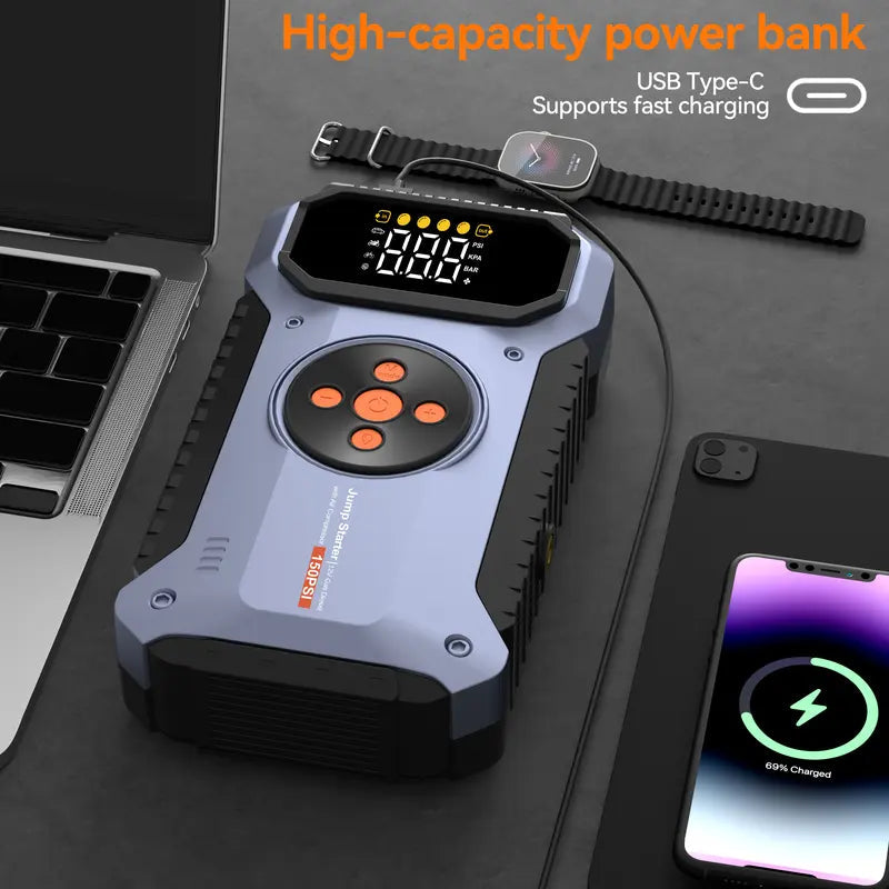 7000A 5-in-1 Compact Portable Jump Starter Emergency Kit - 12V Car Accessory, 150PSI Air Compressor geeneu