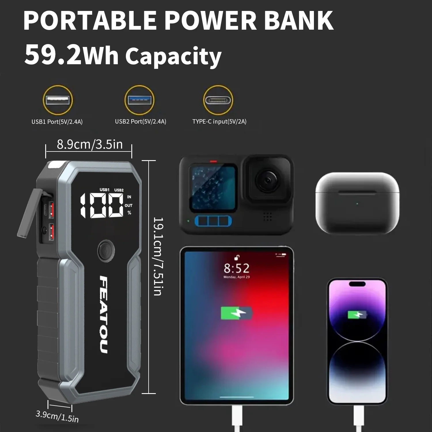 FEATOU Car Jump Starter Portable,5000A Peak 12V Battery Jump Starter