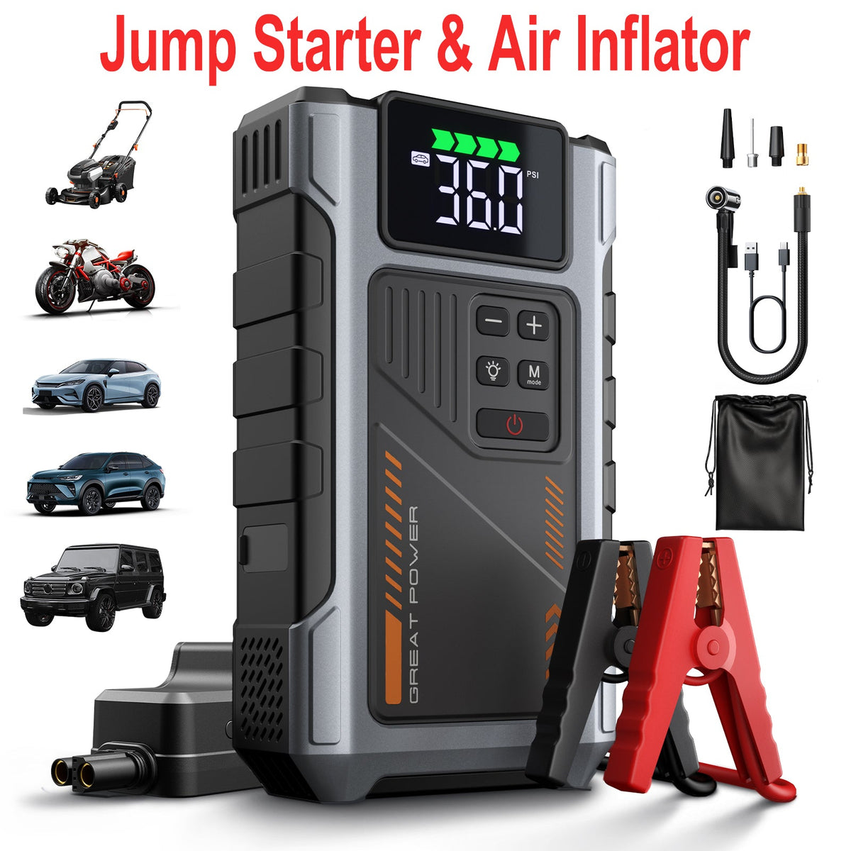 Portable Jump Starter with Air Compressor 6000A Peak with 150PSI Tire Inflator geeneu