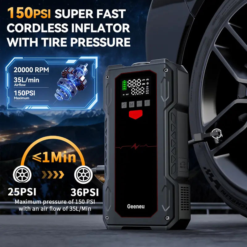 6000A Portable Car Jump Starter with Air Compressor (ALL Gas/10.0L Diesel) geeneu