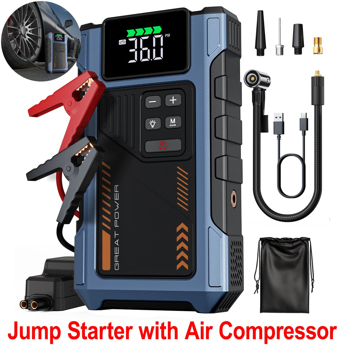 Car Jump Starter with 150PSI Air Compressor, 4000A geeneu