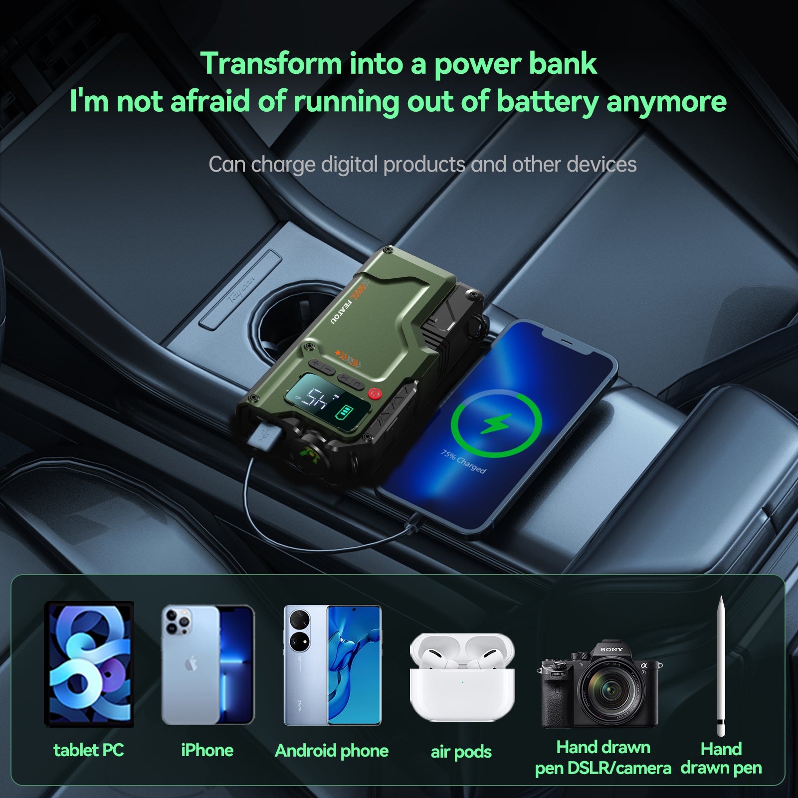 Car Jump Starter with Air Compressor, 6000A Peak 12V Battery