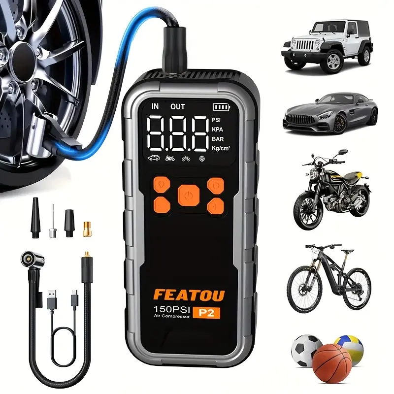 Featou P2 Pro Portable Tire Inflator 150PSI High-Pressure with Smart ON/OFF Hose Design