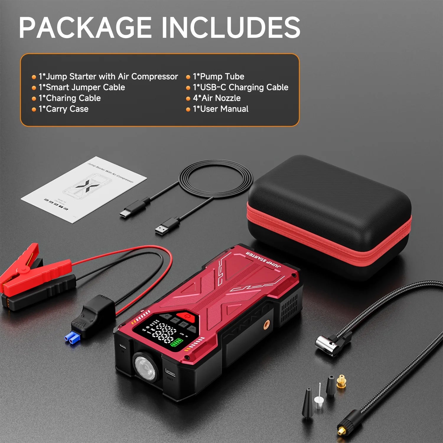 Pabulum Jump Starter with Compressor, 6000A Jump Box Car Battery Charger, Portable Jumper Starter Power Pack (8.0L Gas/6.5L Diesel),Rodeside Emergency Kit for Vehicle/Motorcycle Combo Tire Inflator