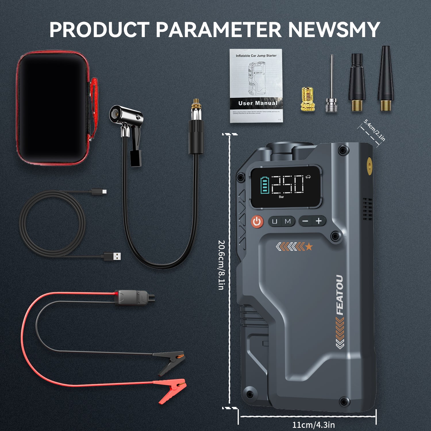 Featou Portable Car Jump Starter with Air Compressor, 5000A 25000mAh 12V Battery