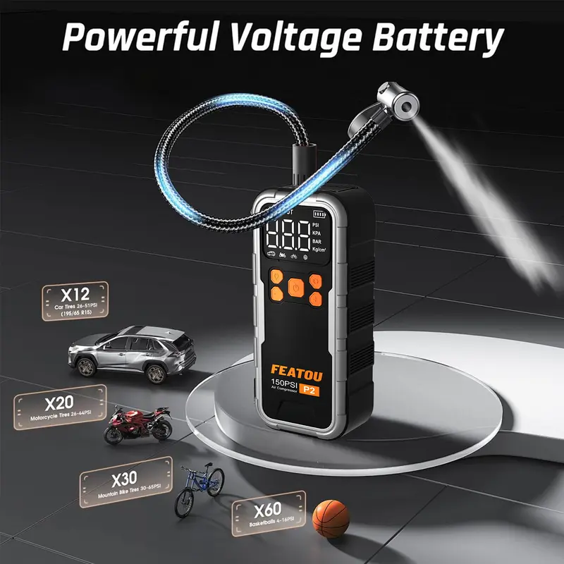 Featou P2 Pro Portable Tire Inflator 150PSI High-Pressure with Smart ON/OFF Hose Design