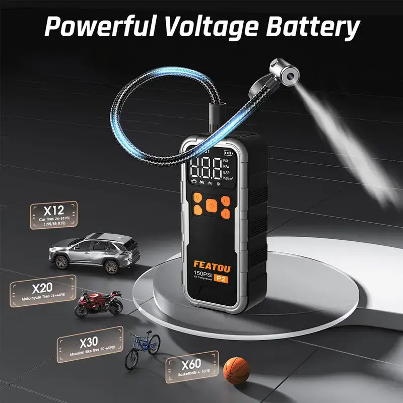Featou P2 Pro Portable Tire Inflator 150PSI High-Pressure with Smart ON/OFF Hose Design - geeneu