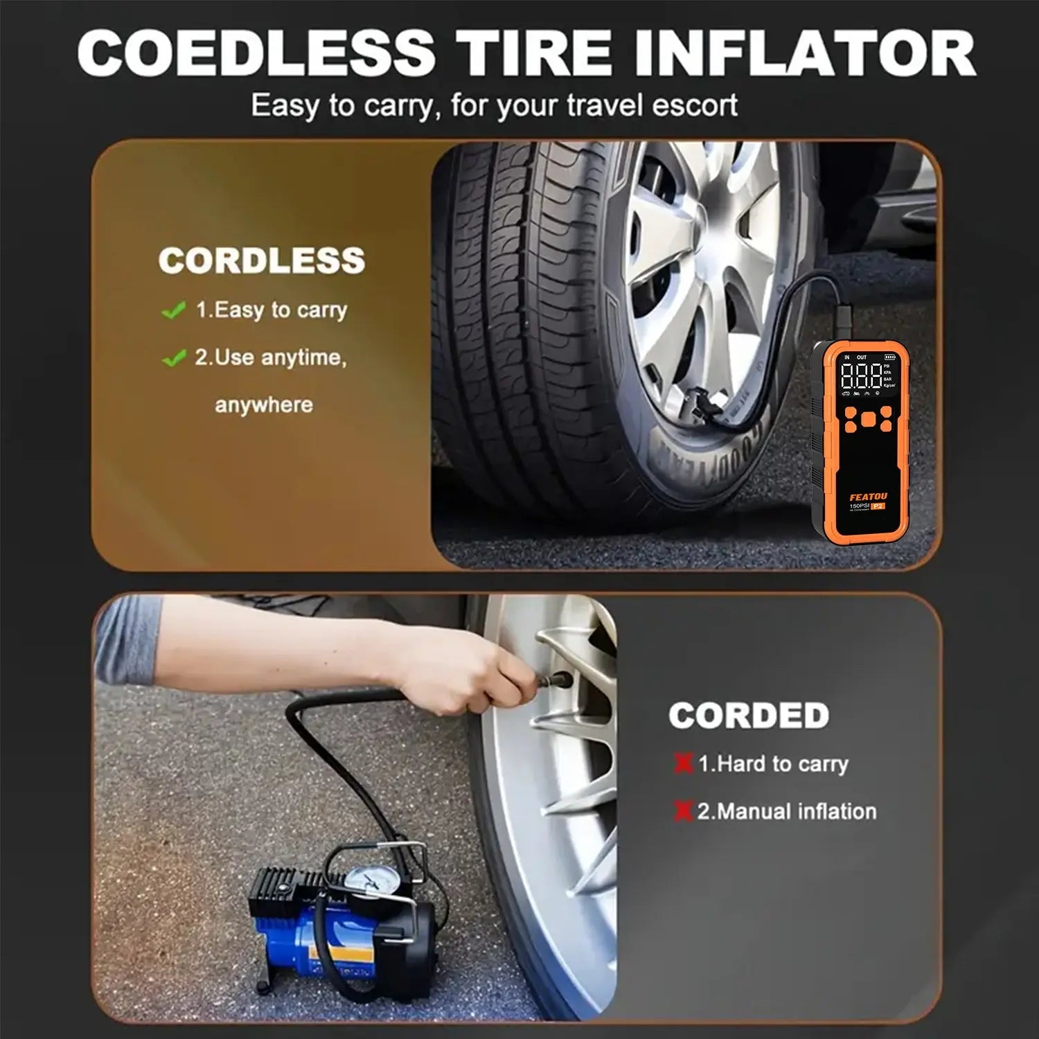 Featou P2 Pro Portable Tire Inflator(orange) 150PSI High-Pressure with Smart ON/OFF Hose Design - geeneu