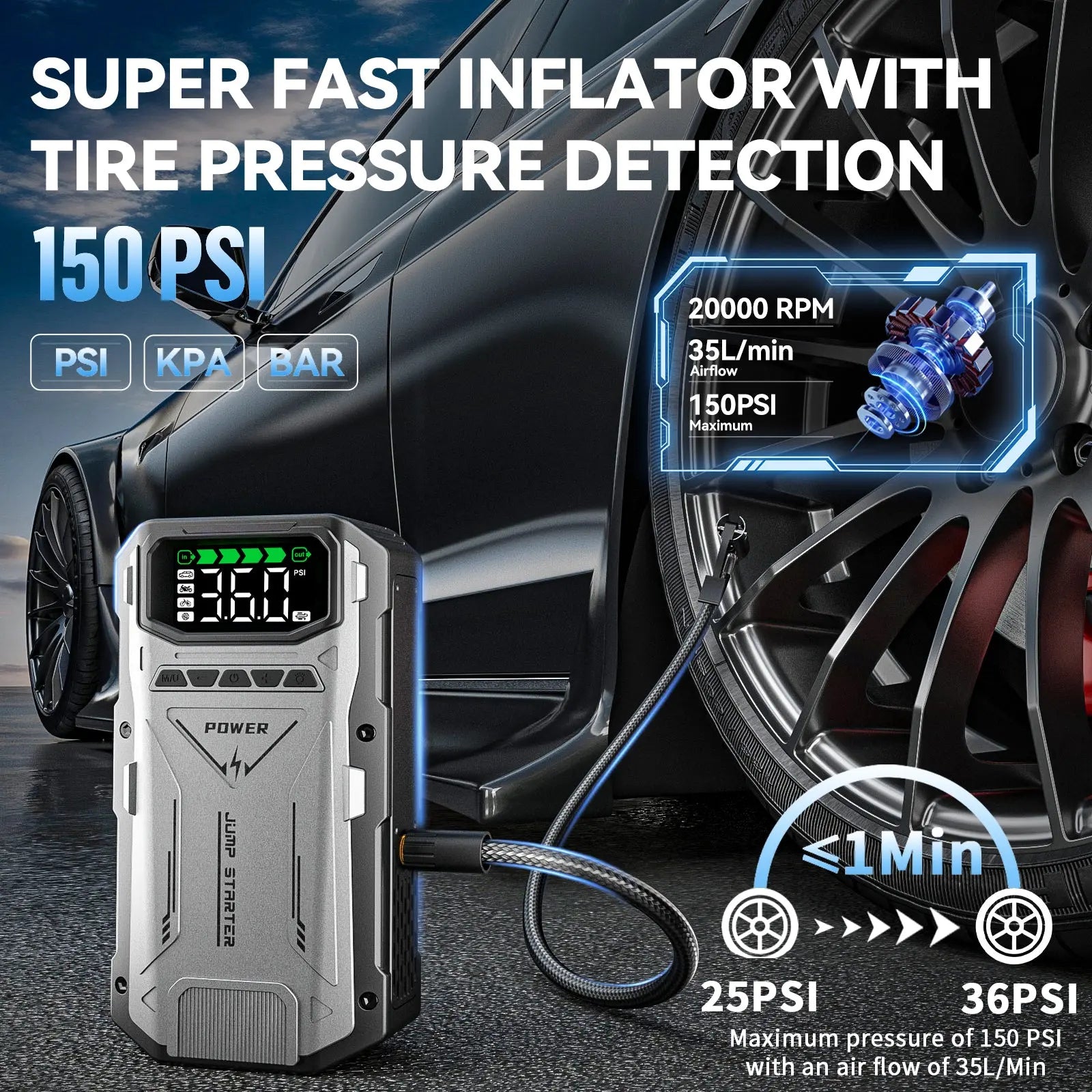 6000A Jump Box Car Battery Charger, Portable Jumper Starter Power Pack - geeneu