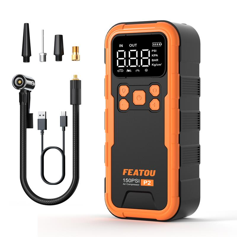 Featou P2 Pro Portable Tire Inflator(orange) 150PSI High-Pressure with Smart ON/OFF Hose Design