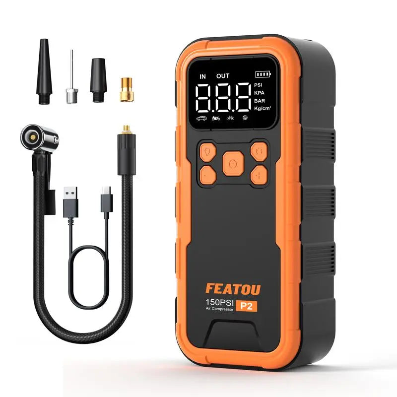 Featou P2 Pro Portable Tire Inflator(orange) 150PSI High-Pressure with Smart ON/OFF Hose Design - geeneu