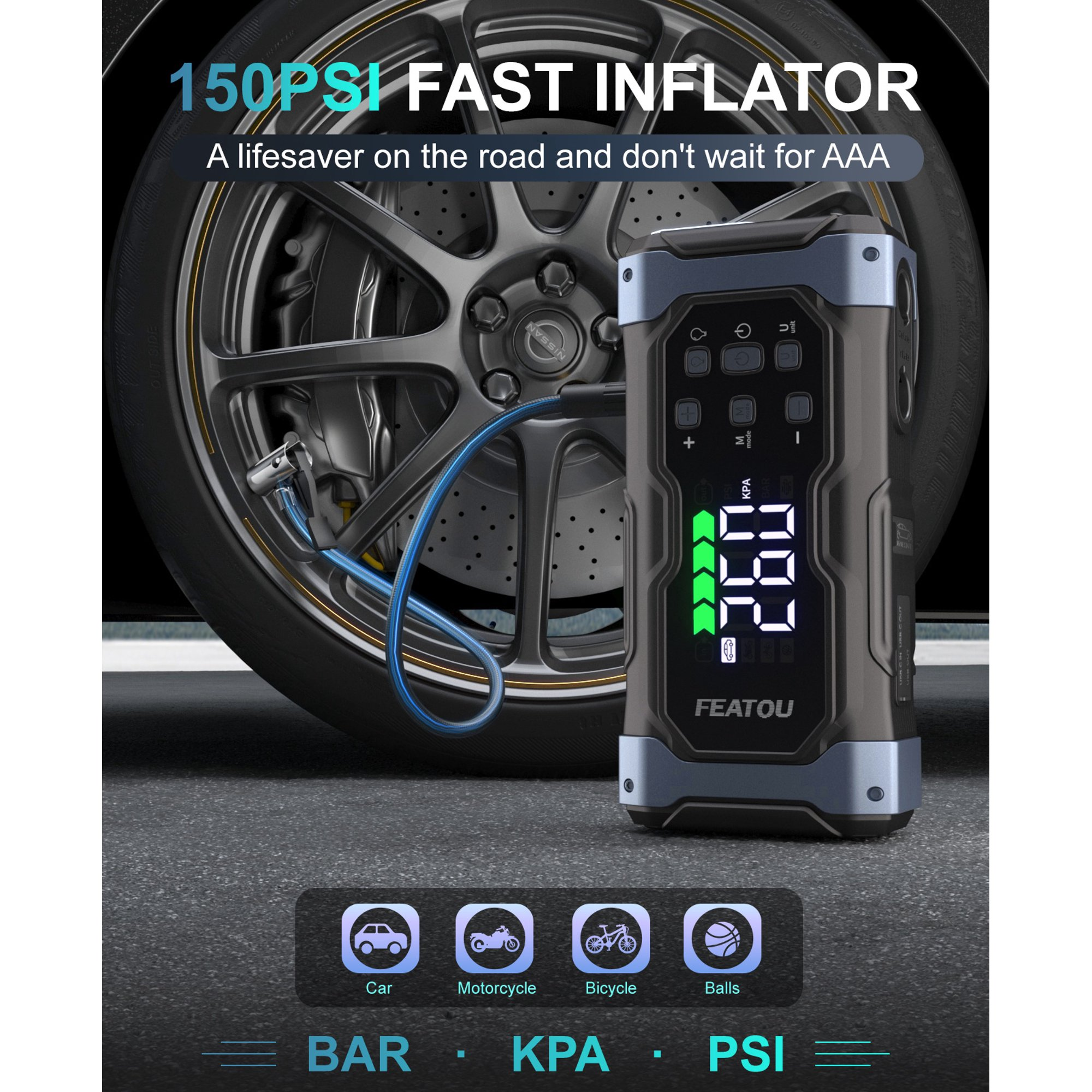 High-Power 9000A Jump Starter with Air Compressor