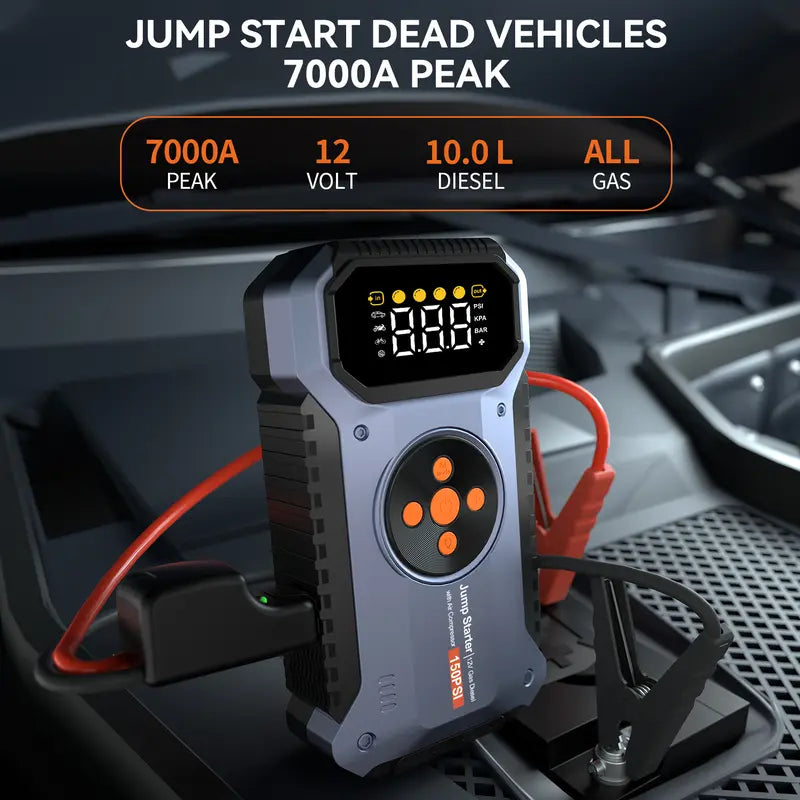 7000A 5-in-1 Compact Portable Jump Starter Emergency Kit - 12V Car Accessory, 150PSI Air Compressor geeneu