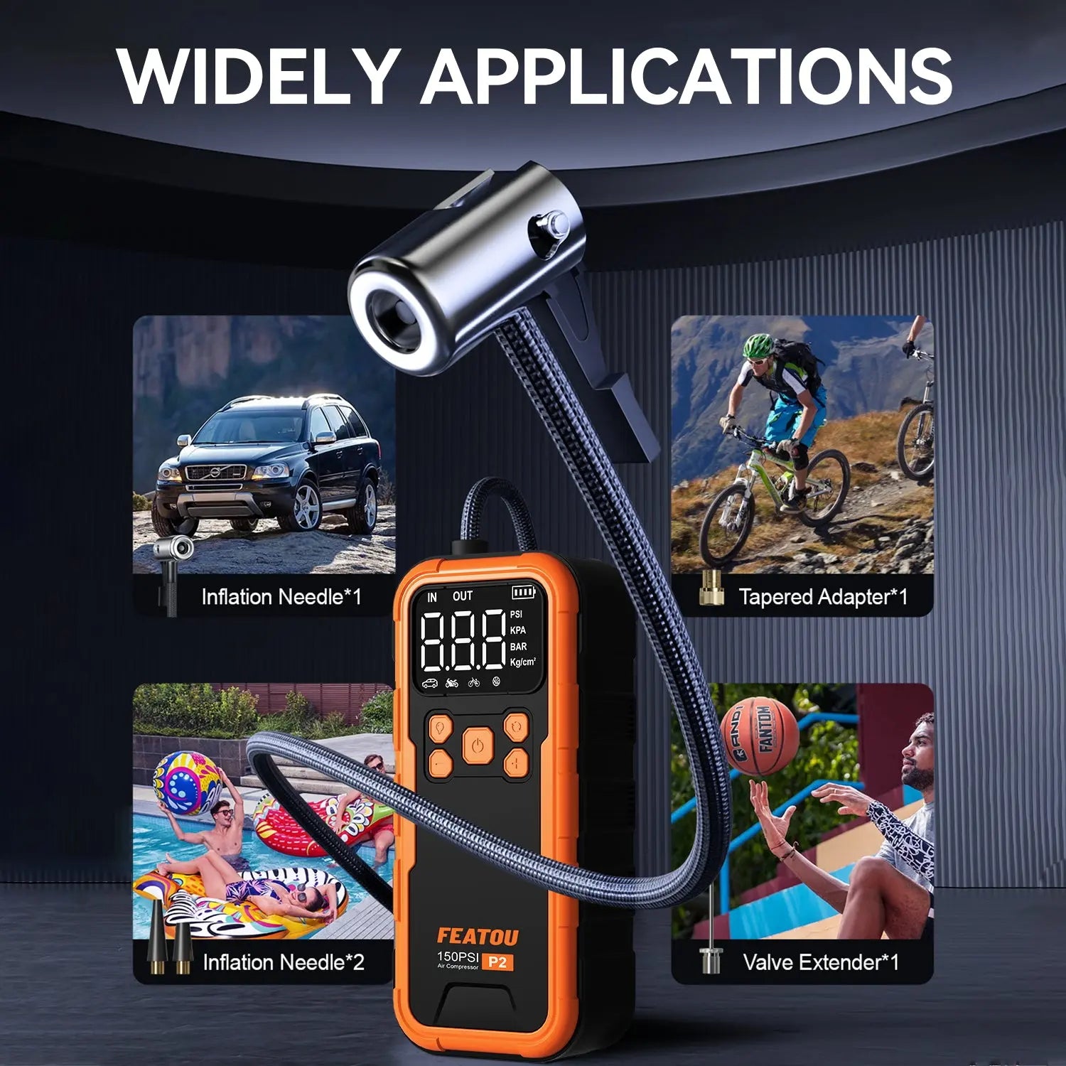Featou P2 Pro Portable Tire Inflator(orange) 150PSI High-Pressure with Smart ON/OFF Hose Design - geeneu