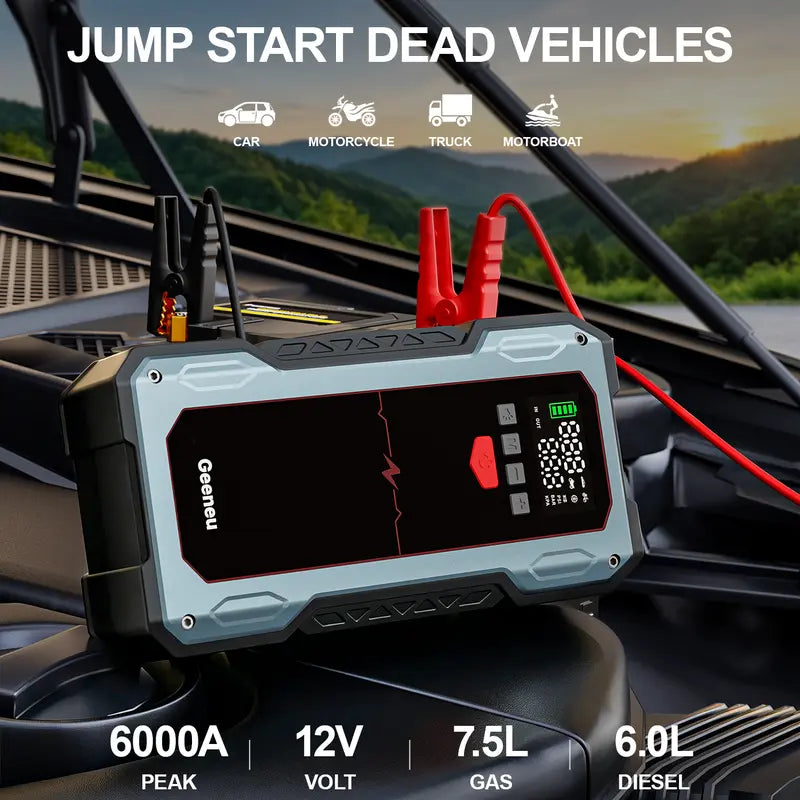 6000A Car Jump Starter with 150PSI Tire Inflator, geeneu