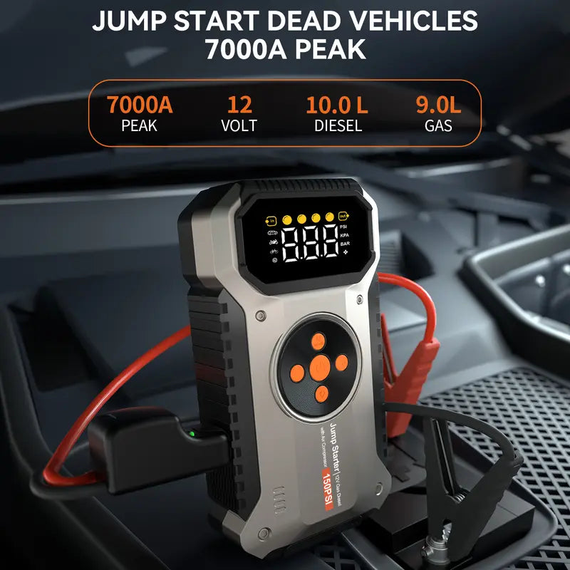 7000A Car Jump Starter with 150PSI Air Compressor. Portable auto battery pack for 9.0 Gas/10.0L Diesel. Includes tire pressure monitor & power bank. Shop vehicle essentials! geeneu