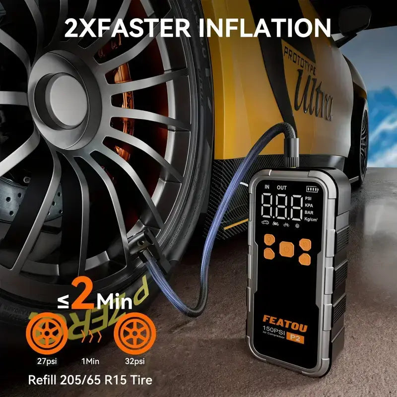 Featou P2 Pro Portable Tire Inflator 150PSI High-Pressure with Smart ON/OFF Hose Design - geeneu