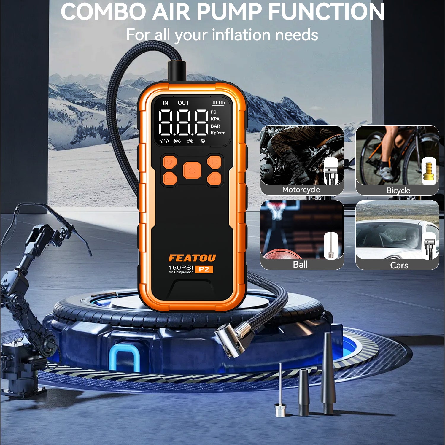 Featou P2 Pro Portable Tire Inflator(orange) 150PSI High-Pressure with Smart ON/OFF Hose Design