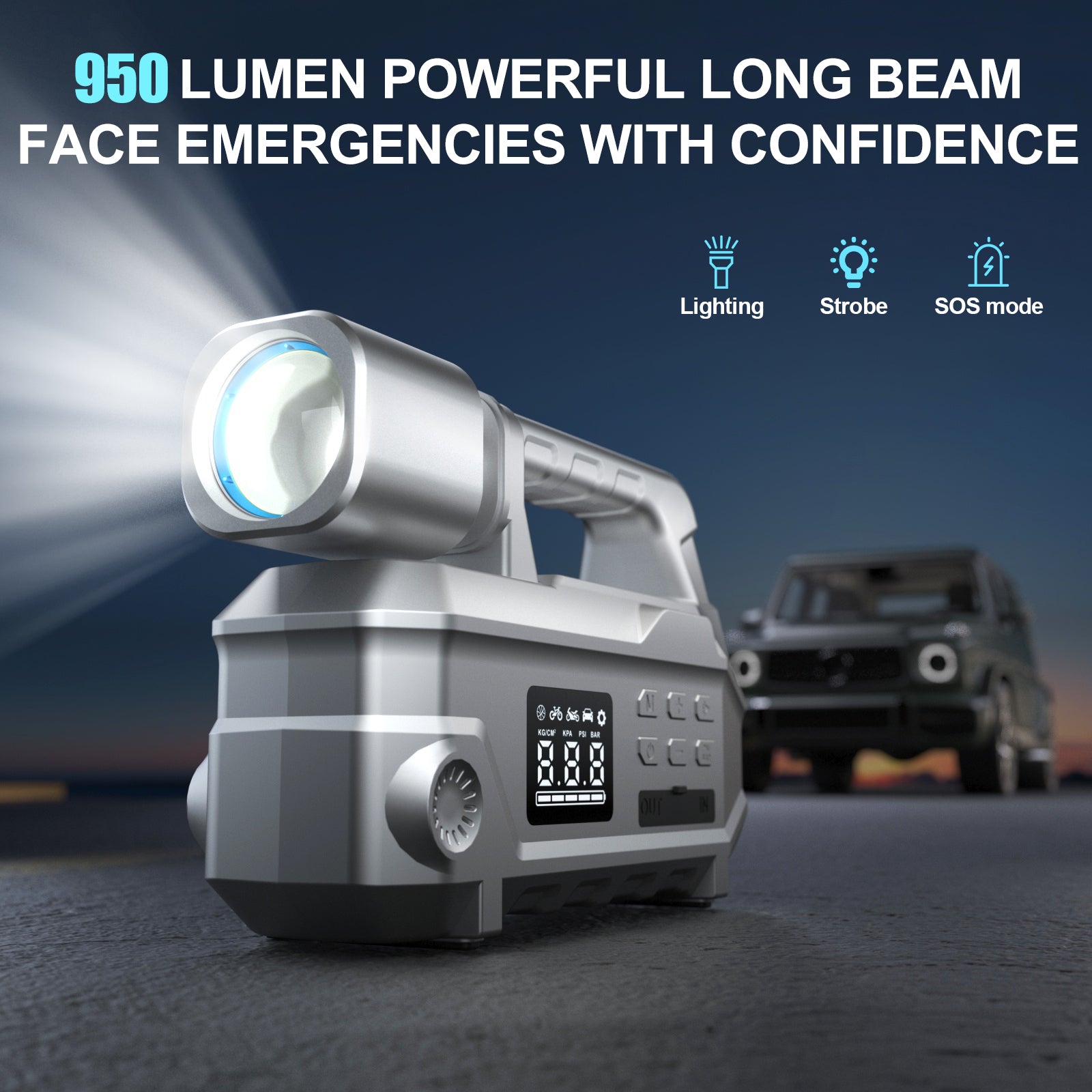 20000mAh 4-in-1 Car Battery Jump Starter with Super Bright Flashlight Air Compressor USB Power Bank - geeneu