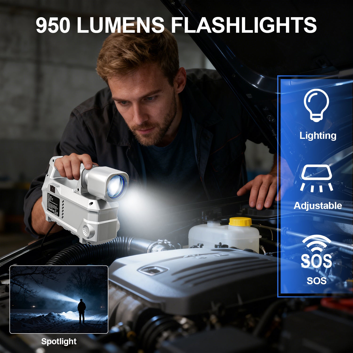 20000mAh 4-in-1 Car Battery Jump Starter with Super Bright Flashlight Air Compressor USB Power Bank - geeneu