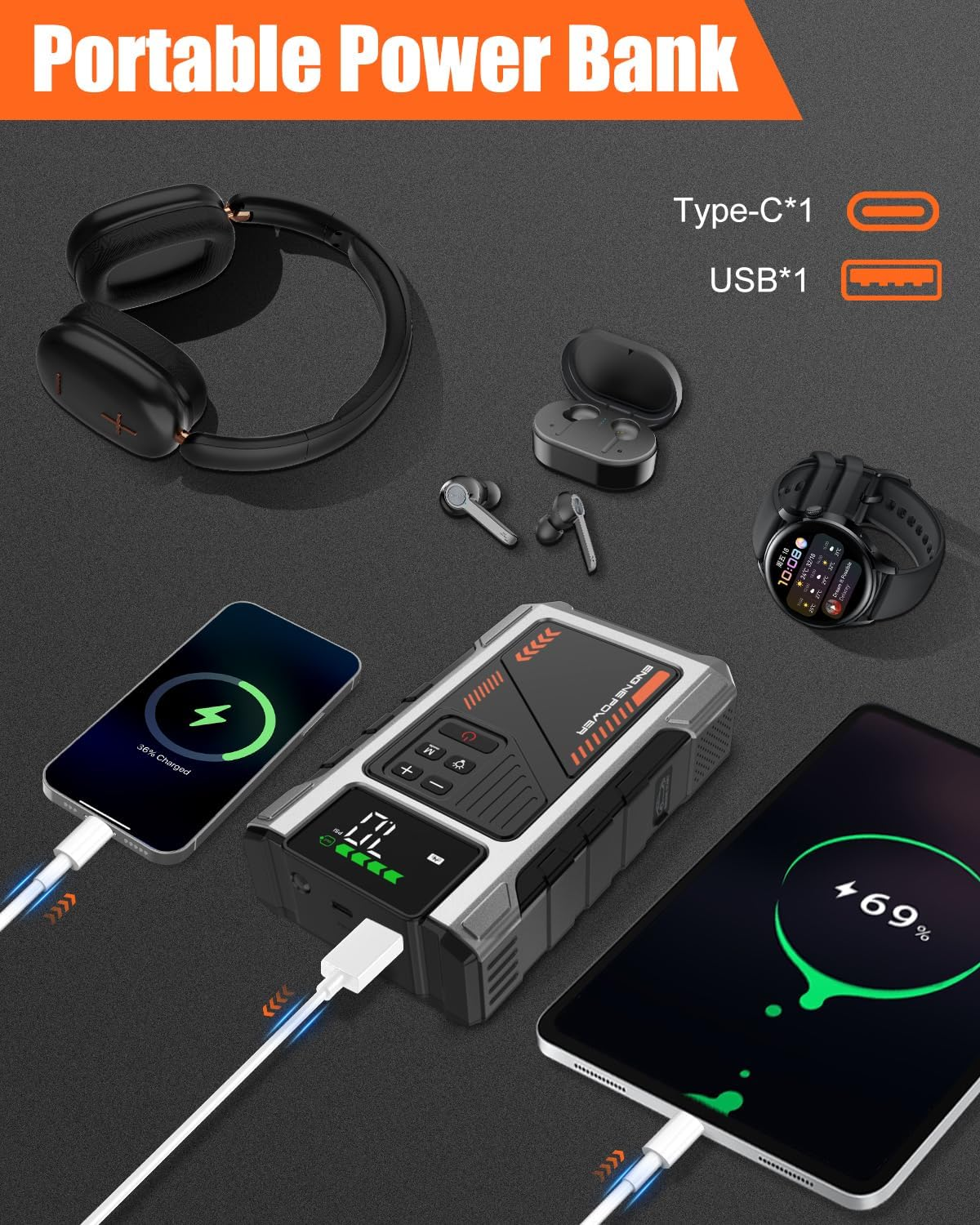 Portable Jump Starter with Air Compressor 6000A Peak with 150PSI Tire Inflator