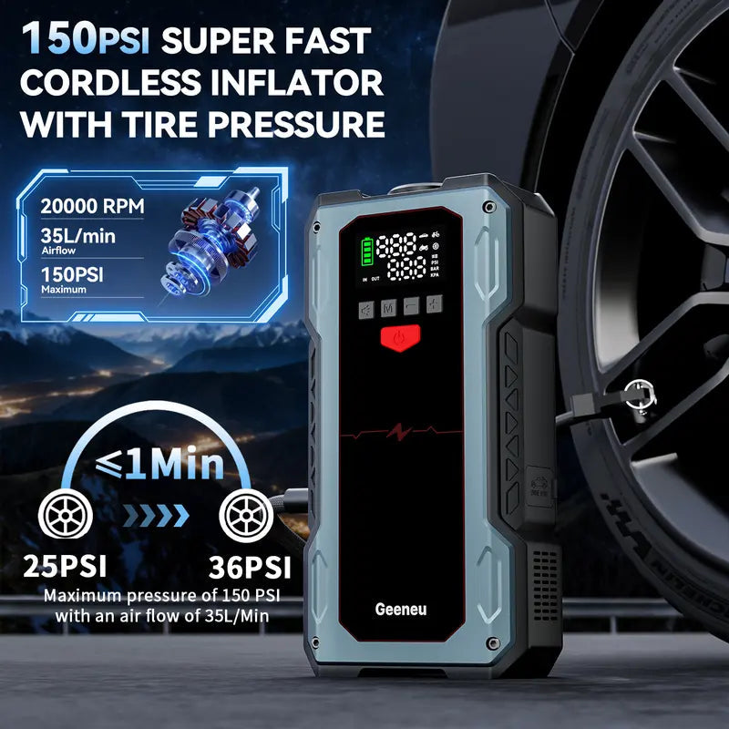 6000A Car Jump Starter with 150PSI Tire Inflator, geeneu