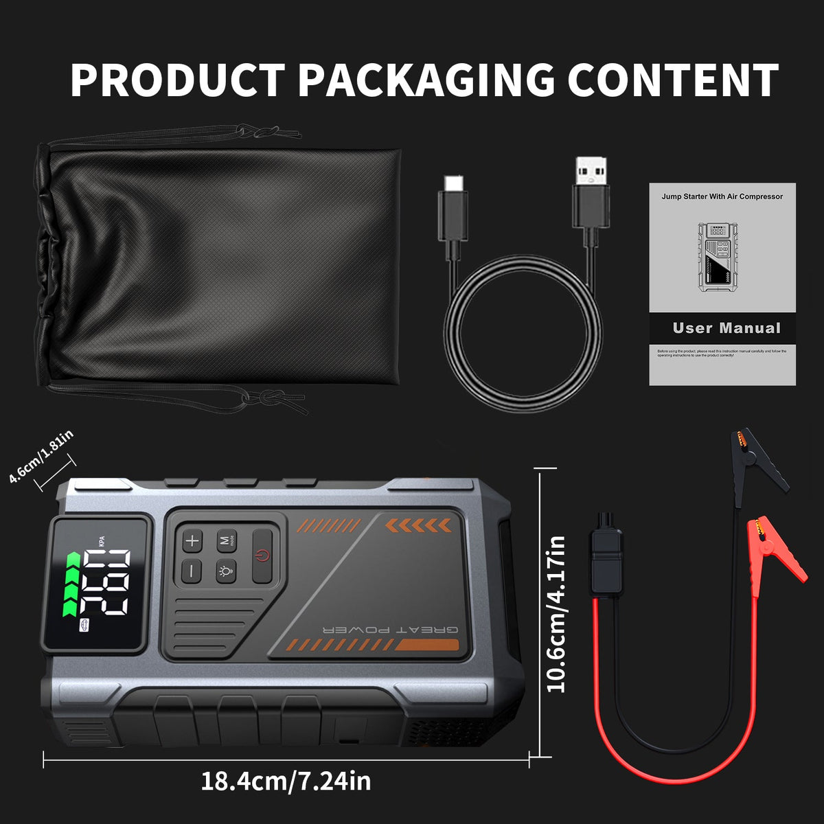 Portable Jump Starter with Air Compressor 6000A Peak with 150PSI Tire Inflator geeneu