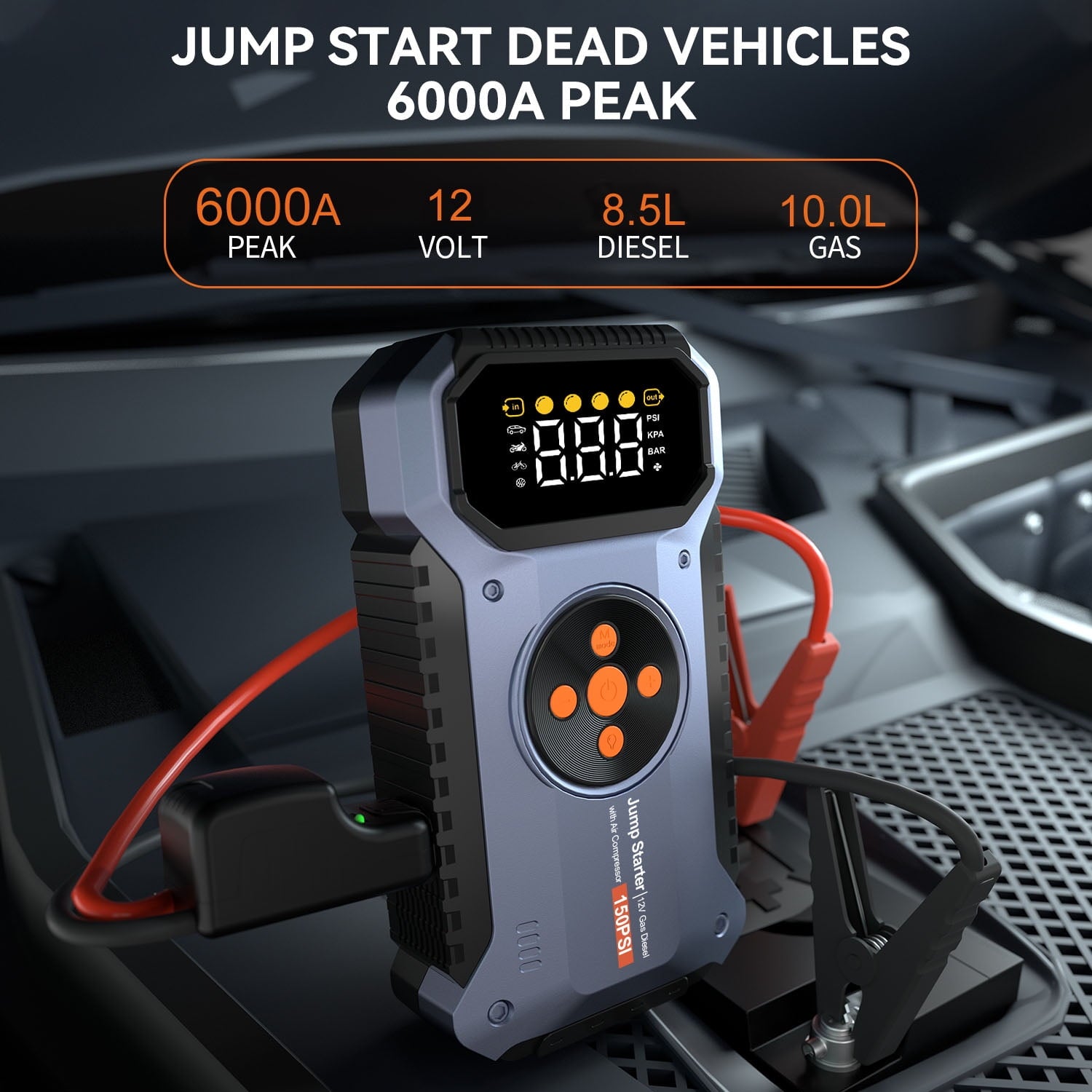 Jump Starter with Air Compressor, Portable Jump Box 6000A Peak Car Battery