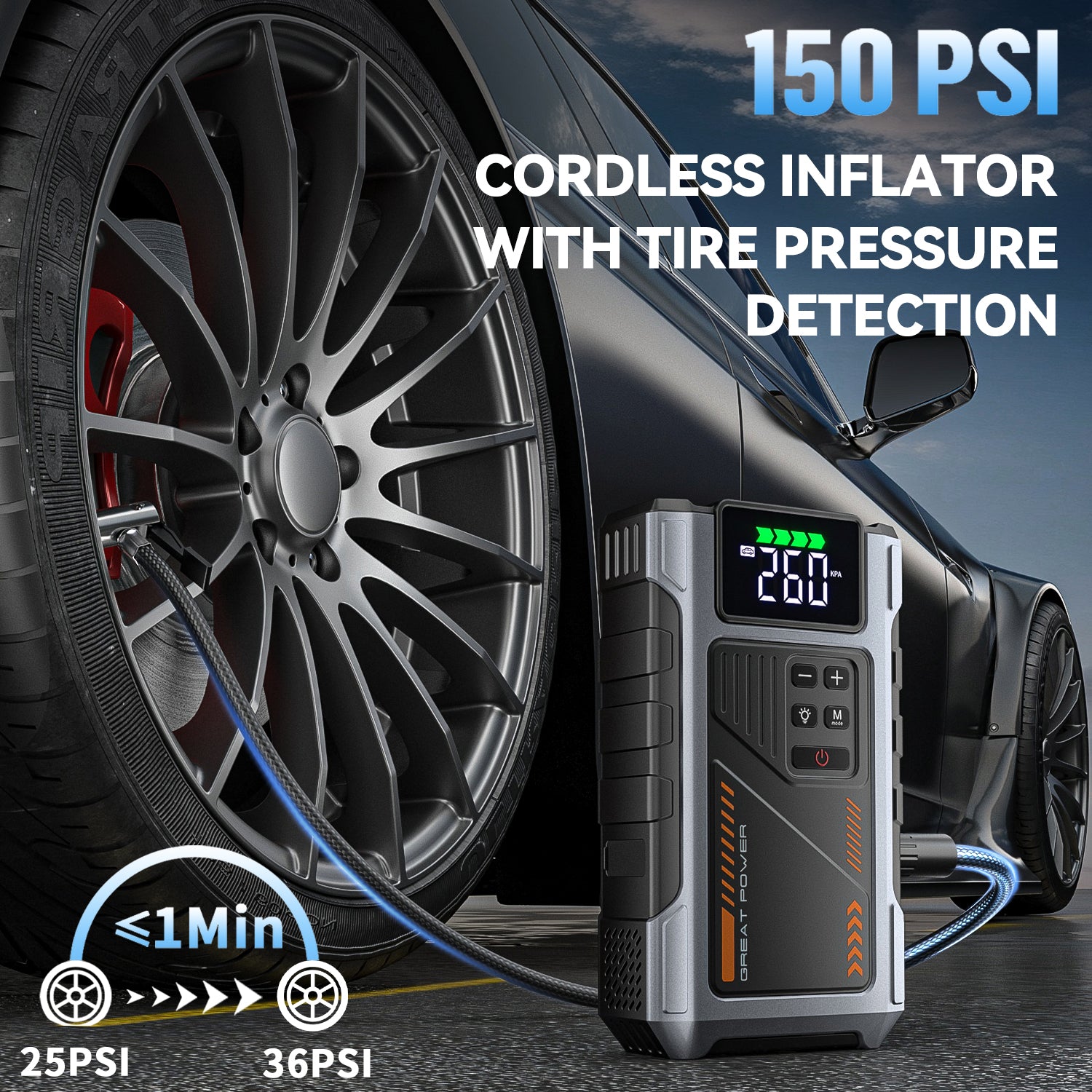 Portable Jump Starter with Air Compressor 4000A Peak with 150PSI Tire Inflator