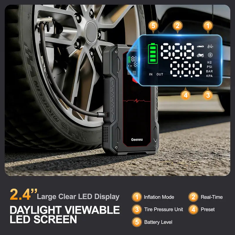 6000A  Portable Car Jump Starter with Air Compressor (ALL Gas/10.0L Diesel) geeneu