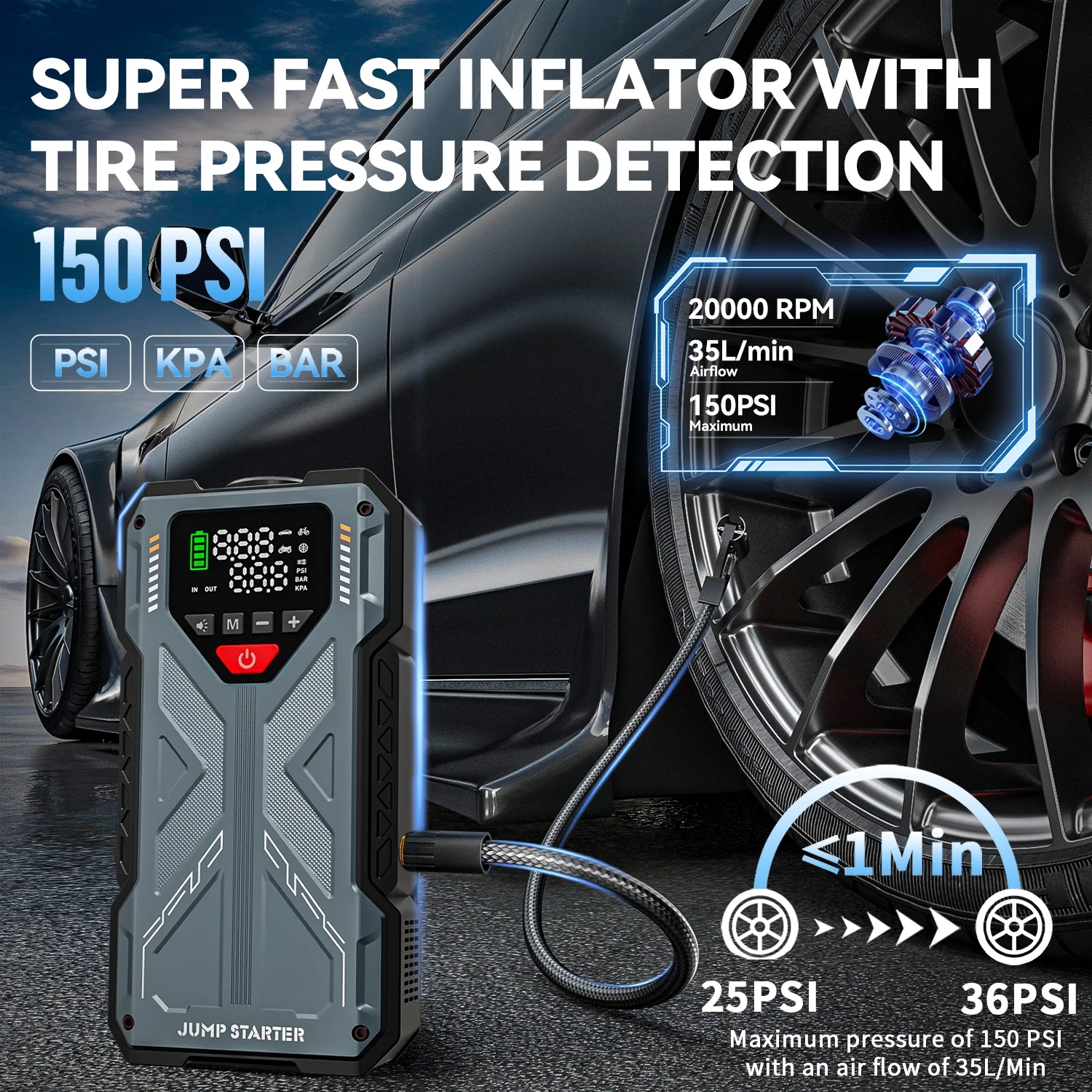 Jump Starter with Compressor, 6000A Jump Box Car Battery Charger