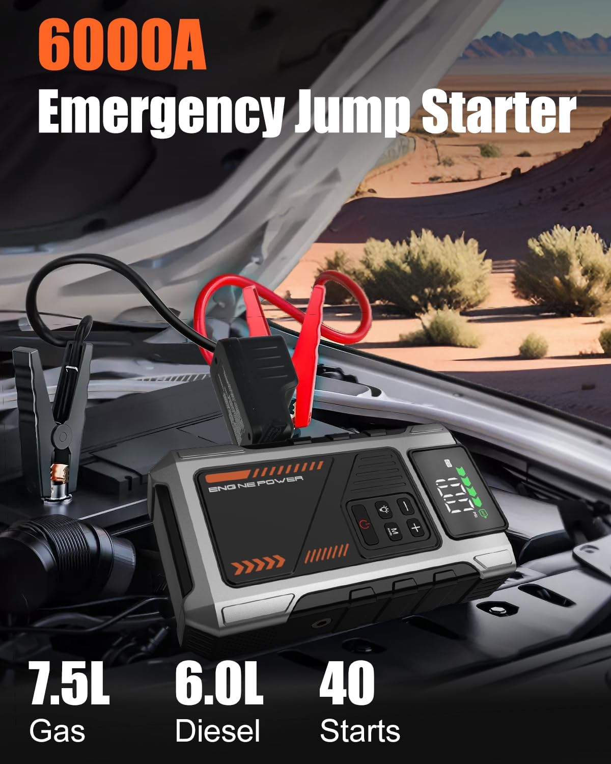 Portable Jump Starter with Air Compressor 6000A Peak with 150PSI Tire Inflator