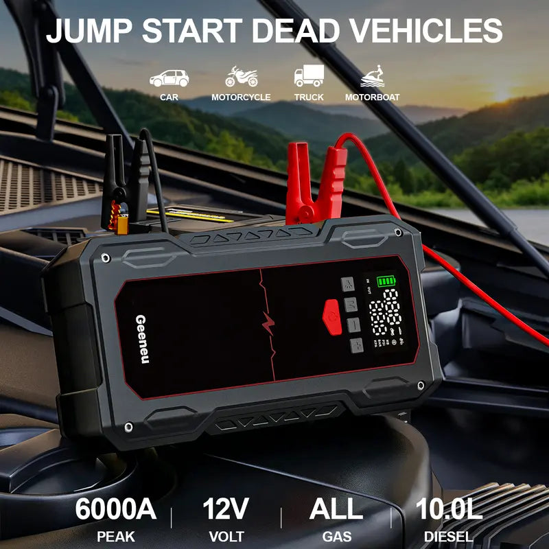 6000A  Portable Car Jump Starter with Air Compressor (ALL Gas/10.0L Diesel) geeneu