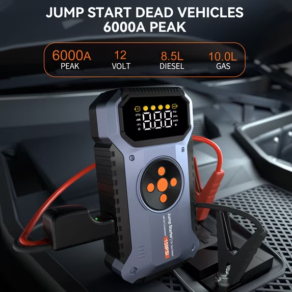Featou 6000A 5-in-1 Compact Portable Jump Starter Emergency Kit - 12V Car Accessory, 150PSI Air Compressor（fuben） geeneu