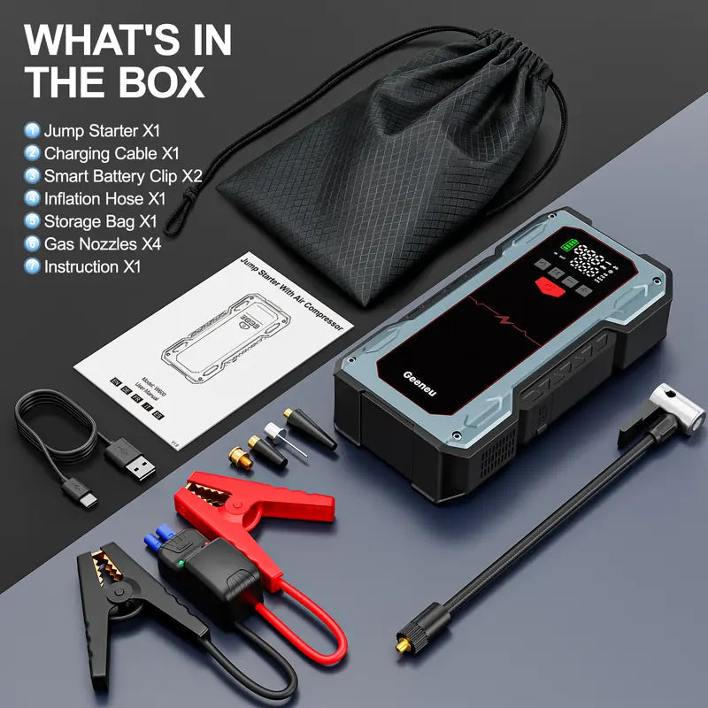 6000A Car Jump Starter with 150PSI Tire Inflator, geeneu