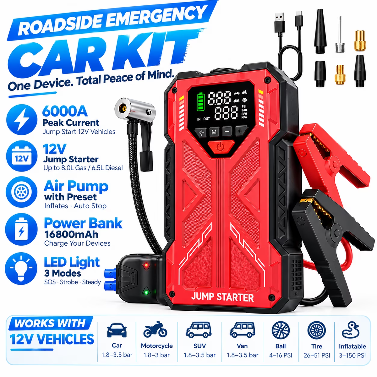RICWIT Jump Starter with Compressor, 6000A Jump Box Car Battery Charger, Portable Jumper Starter Power Pack (8.0L Gas/6.5L Diesel),Rodeside Emergency Kit for Vehicle/Motorcycle Combo Tire Inflator（fuben ） geeneu