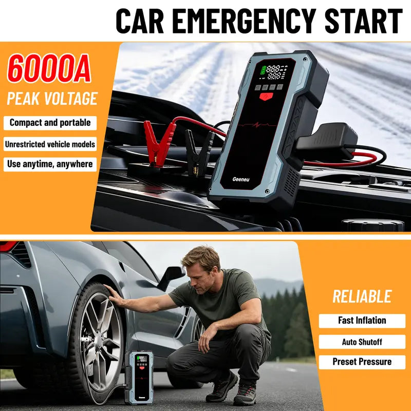 6000A Car Jump Starter with 150PSI Tire Inflator, geeneu