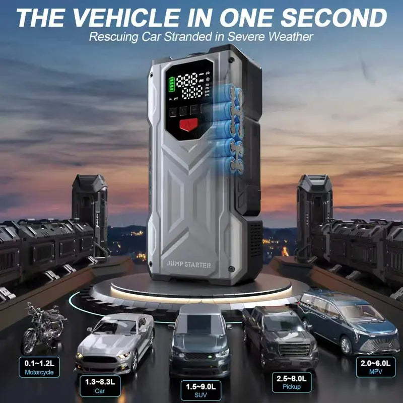 16000mAh Car Jump Starter with Built-in Air Compressor - 12V Vehicle Starter Power geeneu