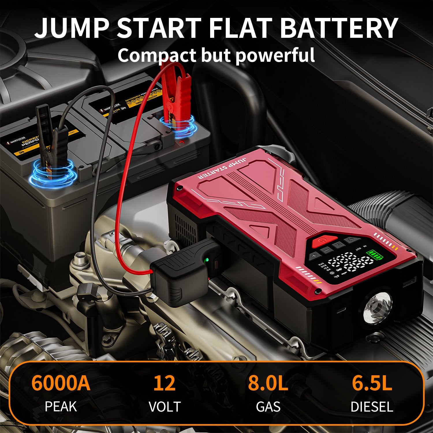 Pabulum Jump Starter with Compressor, 6000A Jump Box Car Battery Charger, Portable Jumper Starter Power Pack (8.0L Gas/6.5L Diesel),Rodeside Emergency Kit for Vehicle/Motorcycle Combo Tire Inflator