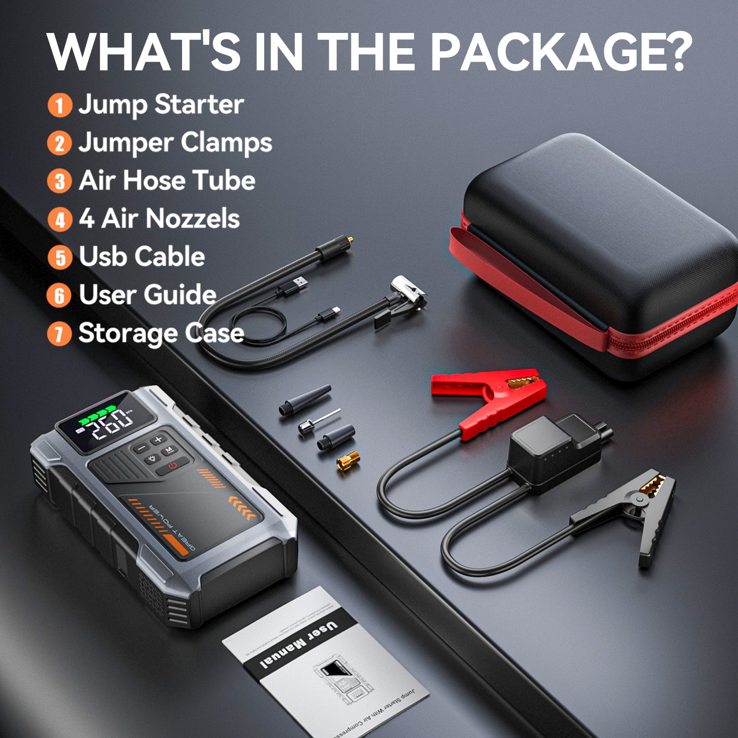 Portable Jump Starter with Air Compressor 4000A Peak with 150PSI Tire Inflator