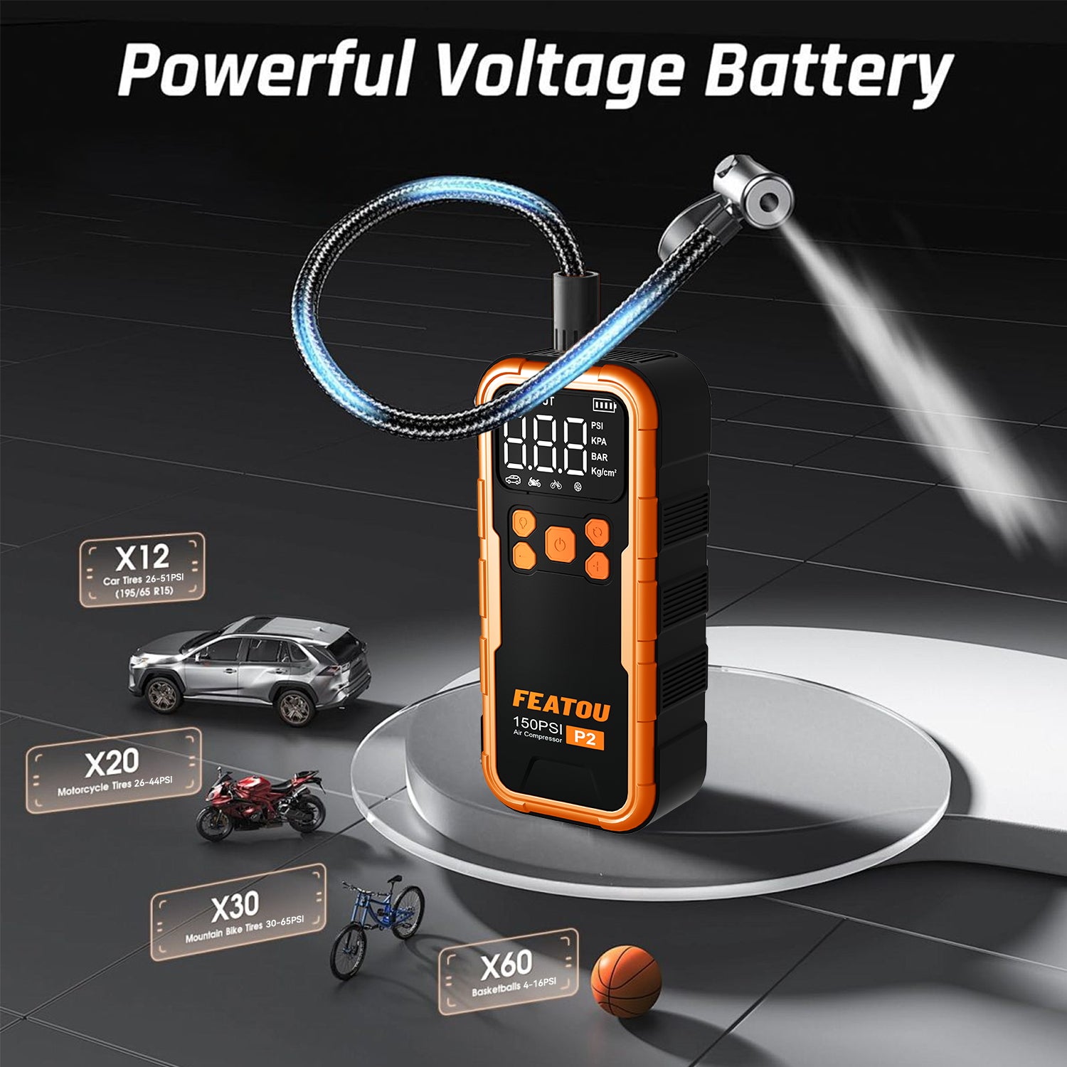 Featou P2 Pro Portable Tire Inflator(orange) 150PSI High-Pressure with Smart ON/OFF Hose Design