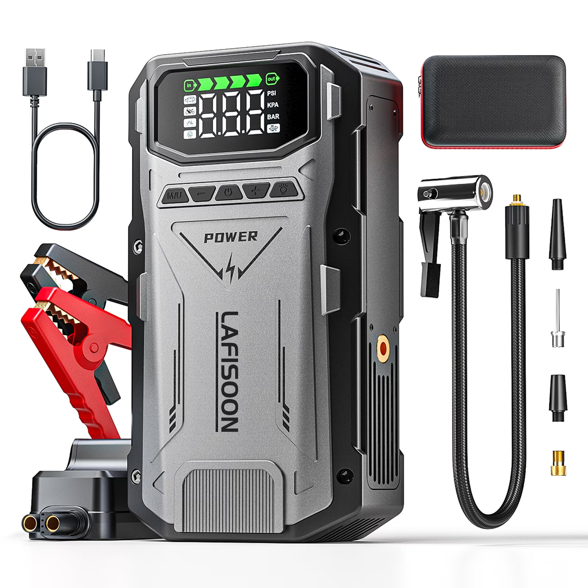 LAFISOON Jump Starter with Compressor, 6000A Jump Box Car Battery Charger, Portable Jumper Starter Power Pack (8.0L Gas/6.5L Diesel),Rodeside Emergency Kit for Vehicle/Motorcycle Combo Tire Inflator（fuben） geeneu