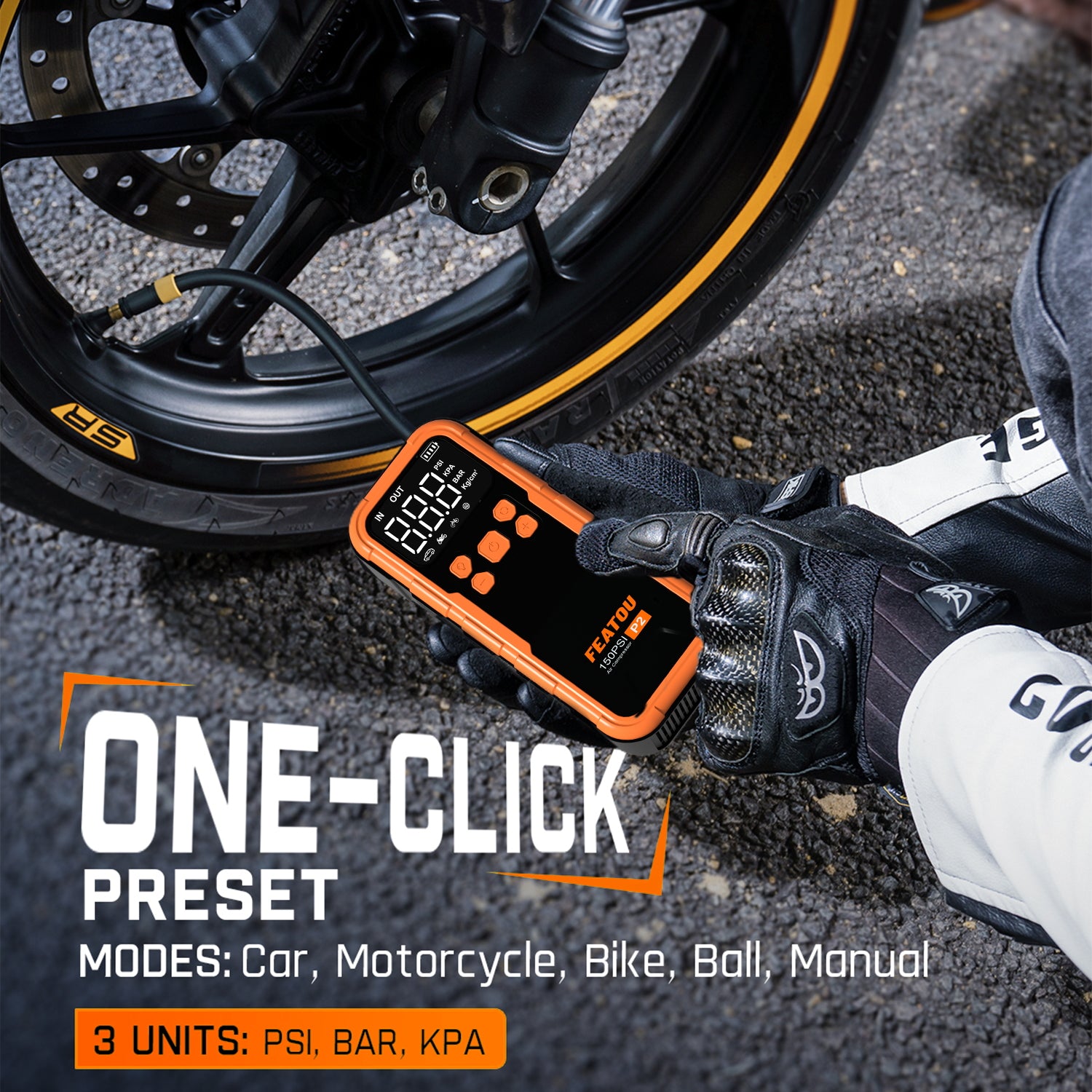 Featou P2 Pro Portable Tire Inflator(orange) 150PSI High-Pressure with Smart ON/OFF Hose Design