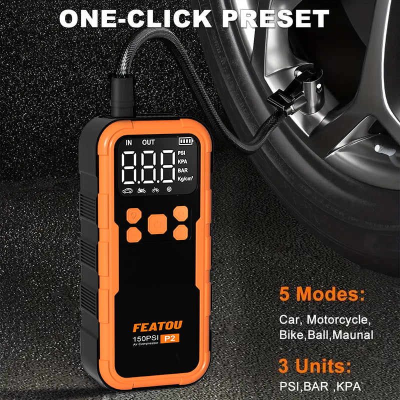 Featou P2 Pro Portable Tire Inflator(orange) 150PSI High-Pressure with Smart ON/OFF Hose Design
